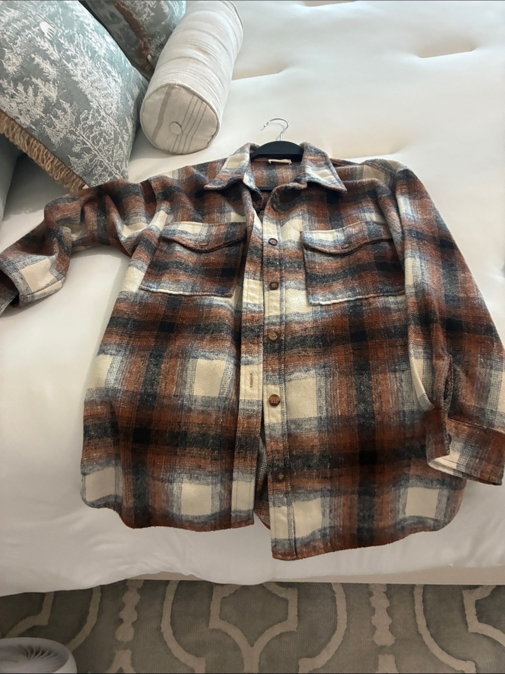 Plaid Button-Down Shirt Jacket in Brown and Cream